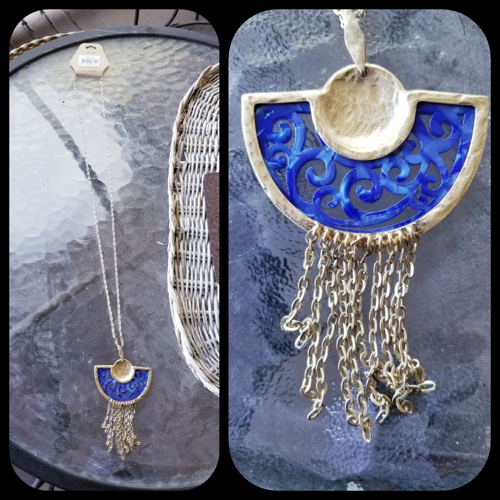 Boho Chic Filagree Resin Crescent Half Moon long chain Fringe statement necklace - Picture 3 of 11